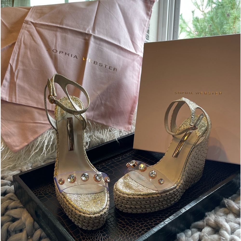 Sophia Webster Gold Crystal Espadrille Wedge Sandals